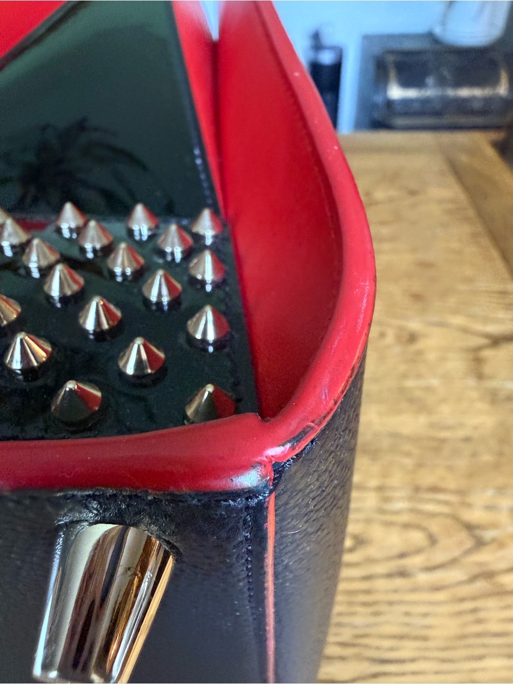 Christian Louboutin Paloma Black Studded Tote with Tan Handles and Red Trim - Picture 7 of 15